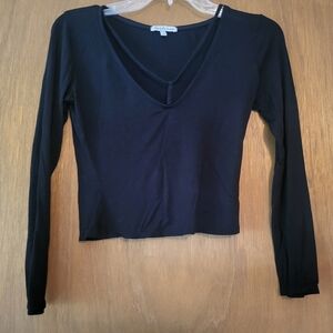 Charlotte Russe Deep V-Neck Black Long Sleeve Croped Top, S